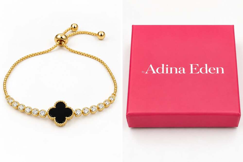 NIB Adina Eden Gold Adjustable Tennis Bracelet Black Clover Bezel Set